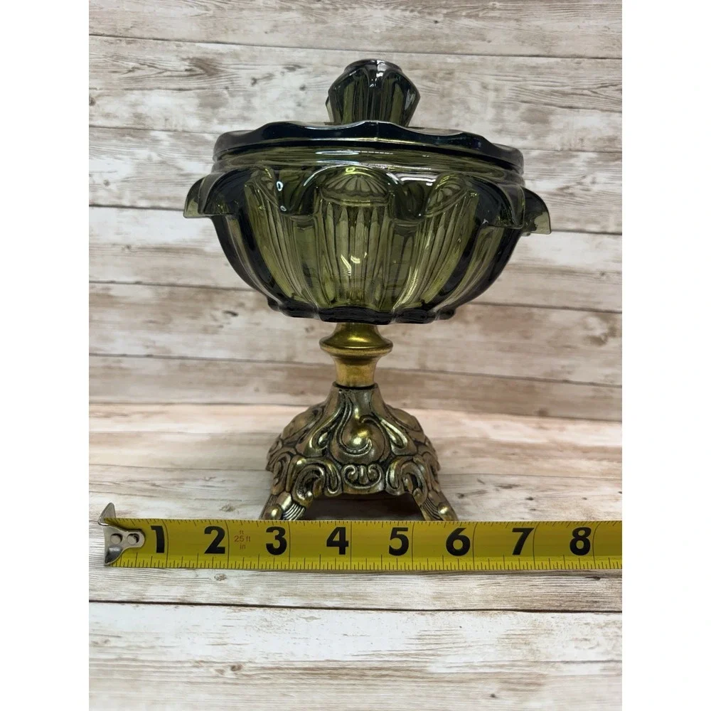 VTG 1970s Avocado Glass Candy Dish Lid Metal Pedestal Rare Hollywood Regency